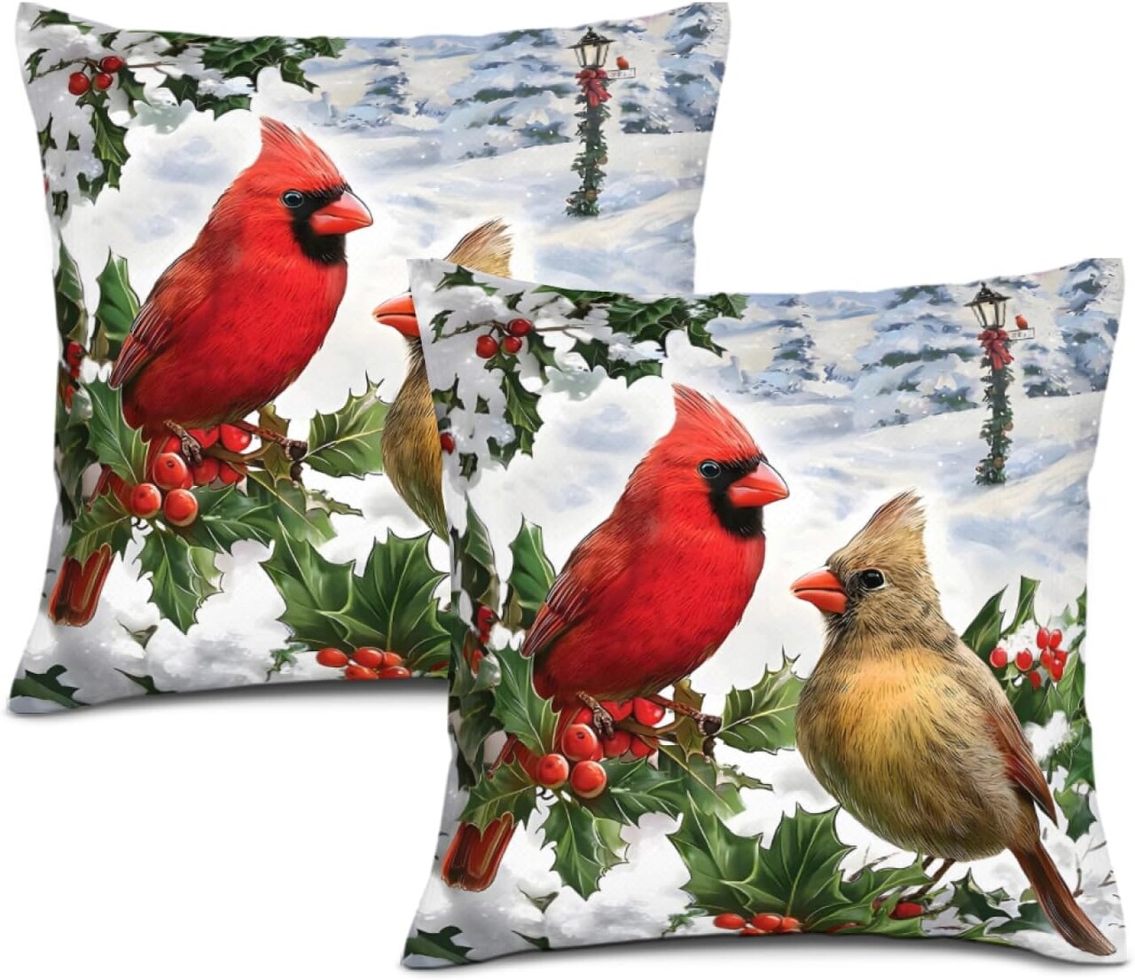 Throw Pillows Cover Winter Cardinal Birds Pillow Cases 18"x18" Set of 2,Winter Christmas Pillow Cases for Christmas Living Room Couch Decor